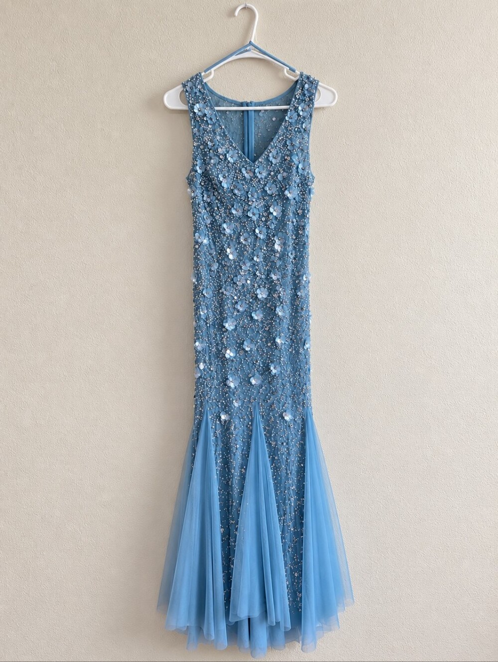 Adrianna Papell Powder Blue Beaded Mermaid Evening Gown